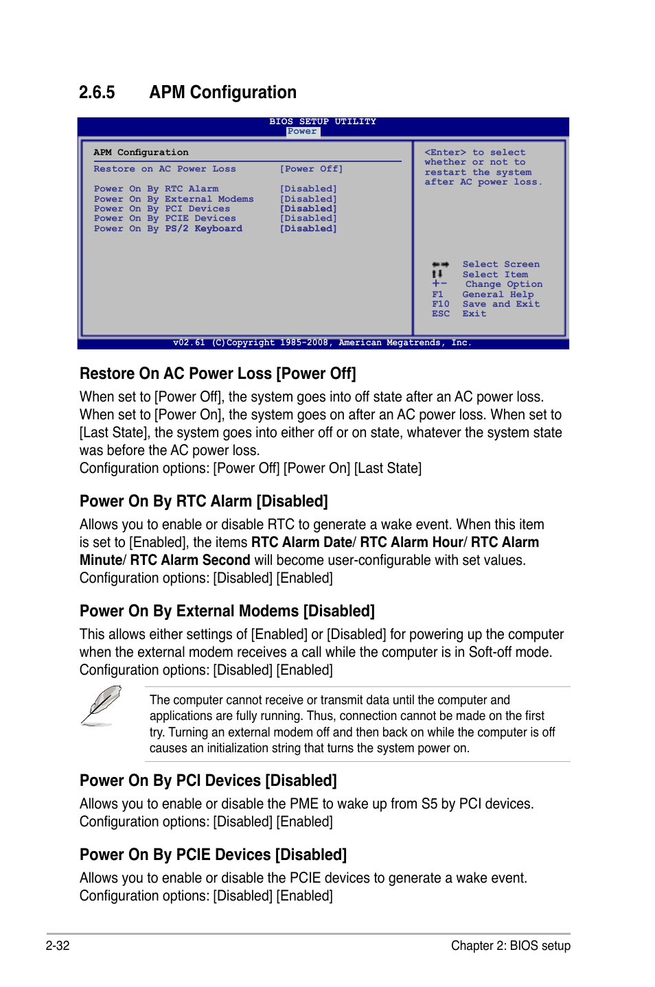 5 apm configuration, Apm configuration -32, Restore on ac power loss [power off | Power on by rtc alarm [disabled, Power on by external modems [disabled, Power on by pci devices [disabled, Power on by pcie devices [disabled | Asus P5Q-EM User Manual | Page 90 / 122