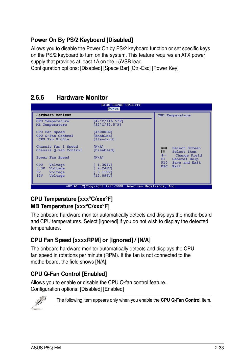 6 hardware monitor, Hardware monitor -33, Cpu q-fan control [enabled | Power on by ps/2 keyboard [disabled | Asus P5Q-EM User Manual | Page 91 / 122