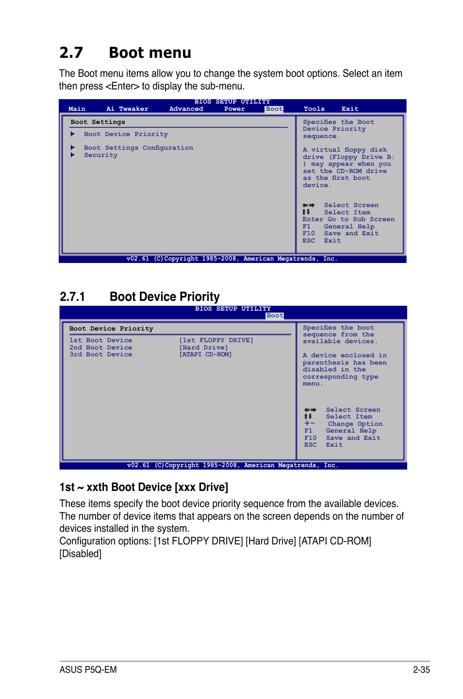 7 boot menu, 1 boot device priority, Boot menu -35 2.7.1 | Boot device priority -35, 1st ~ xxth boot device [xxx drive | Asus P5Q-EM User Manual | Page 93 / 122