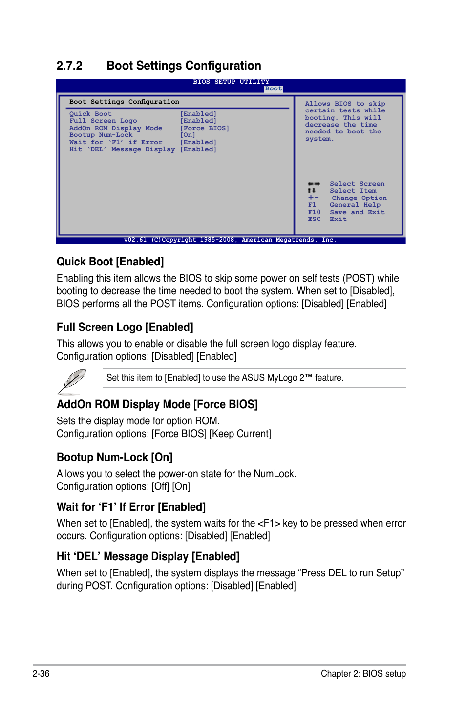 2 boot settings configuration, Boot settings configuration -36, Quick boot [enabled | Full screen logo [enabled, Addon rom display mode [force bios, Bootup num-lock [on, Wait for ‘f1’ if error [enabled, Hit ‘del’ message display [enabled | Asus P5Q-EM User Manual | Page 94 / 122
