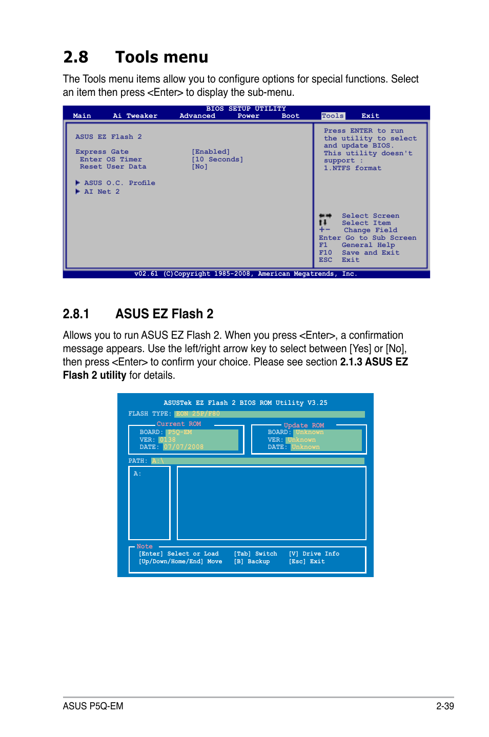 8 tools menu, 1 asus ez flash 2, Tools menu -39 2.8.1 | Asus ez flash 2 -39 | Asus P5Q-EM User Manual | Page 97 / 122