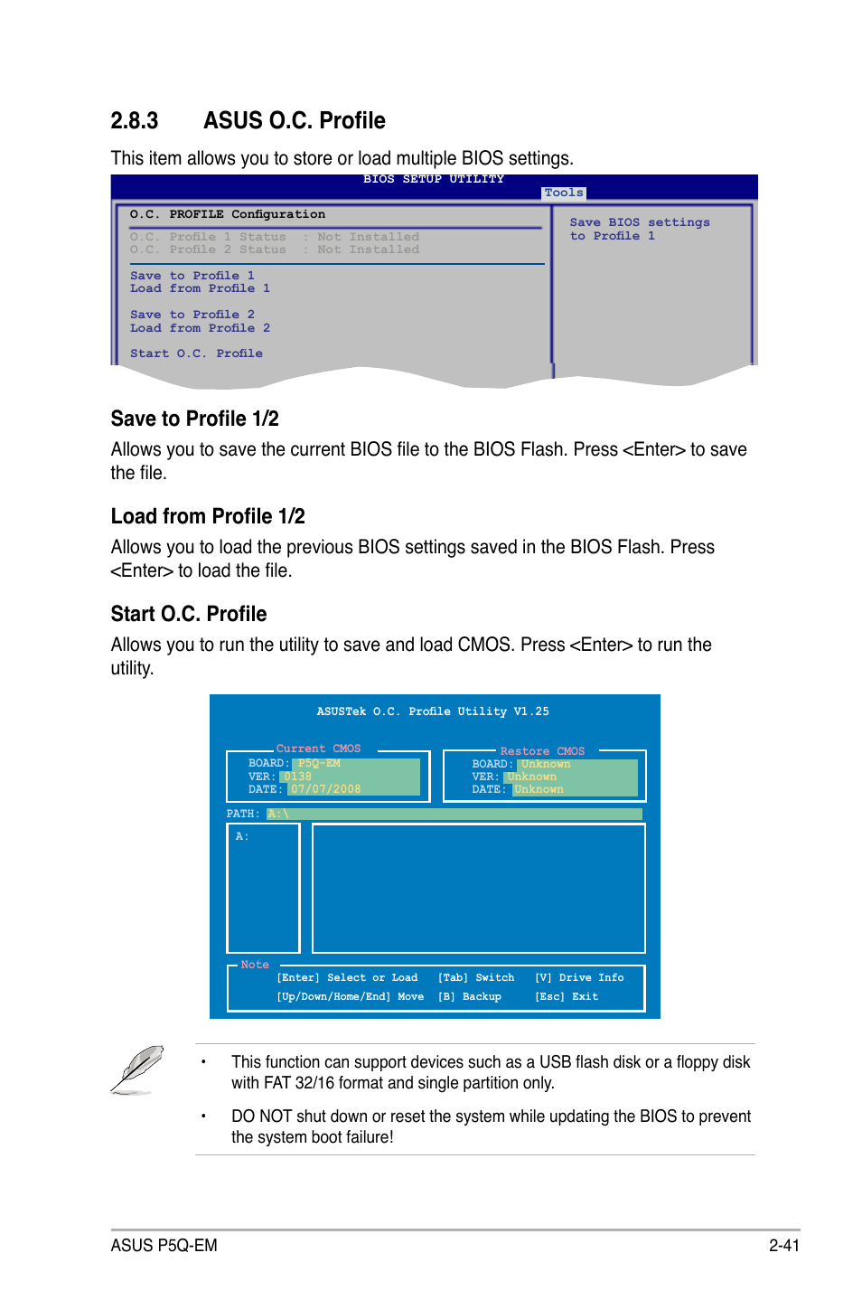 3 asus o.c. profile, Asus o.c. profile -41, Save to profile 1/2 | Load from profile 1/2, Start o.c. profile | Asus P5Q-EM User Manual | Page 99 / 122