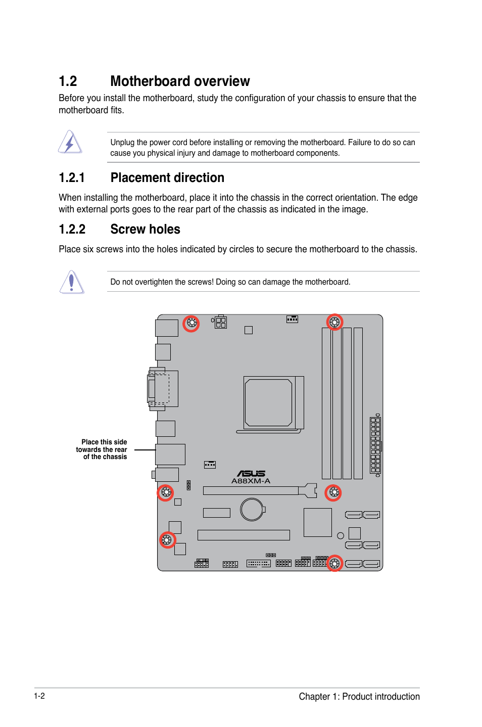 2 motherboard overview, Motherboard overview -2, 1 placement direction | 2 screw holes | Asus A88XM-A User Manual | Page 10 / 68