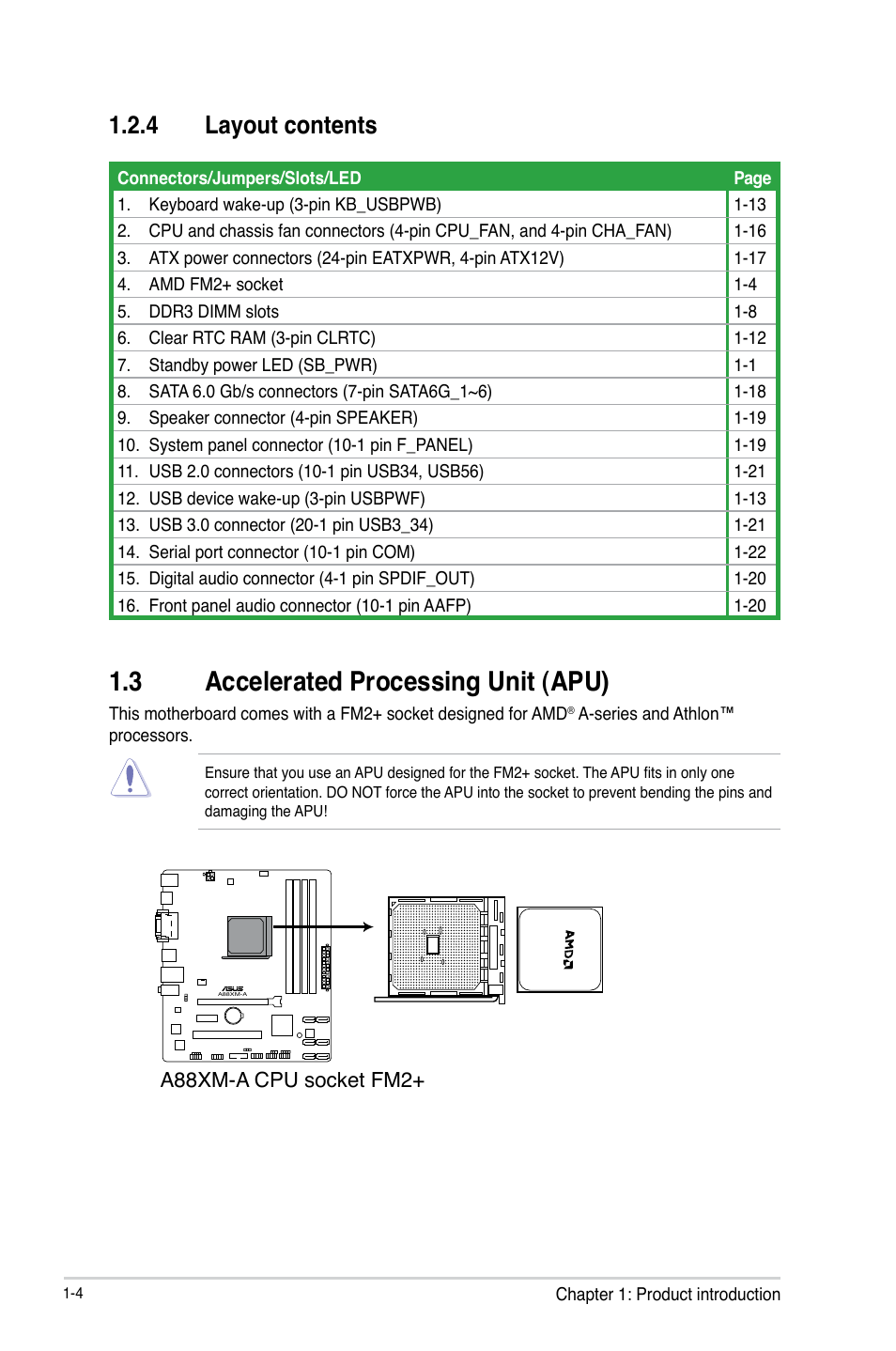 3 accelerated processing unit (apu), Accelerated processing unit (apu) -4, 4 layout contents | Asus A88XM-A User Manual | Page 12 / 68