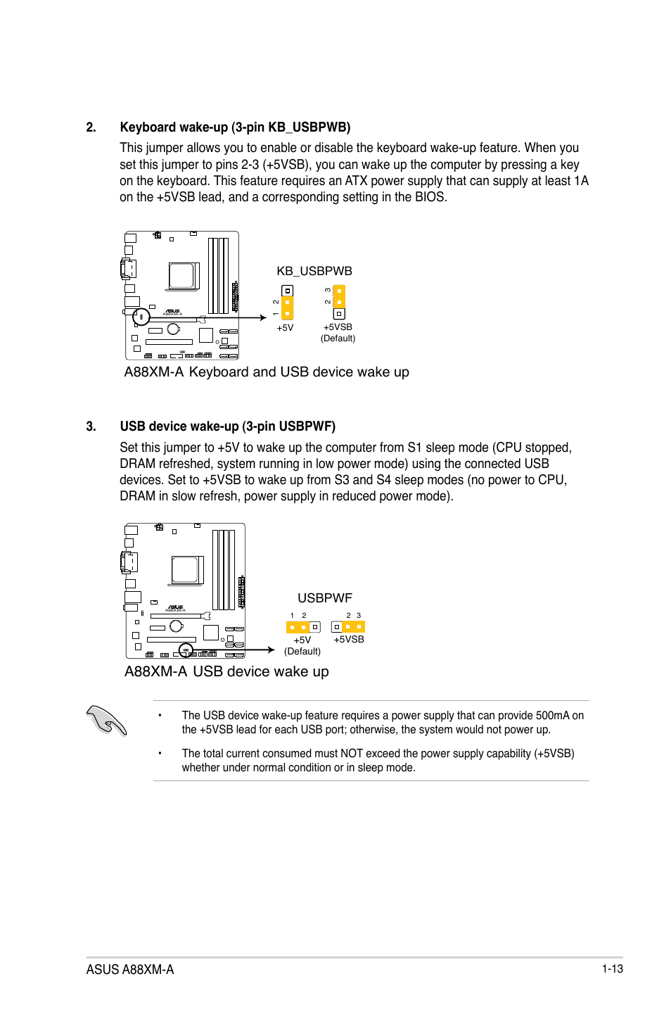 A88xm-a usb device wake up, Asus a88xm-a, A88xm-a keyboard and usb device wake up | Asus A88XM-A User Manual | Page 21 / 68