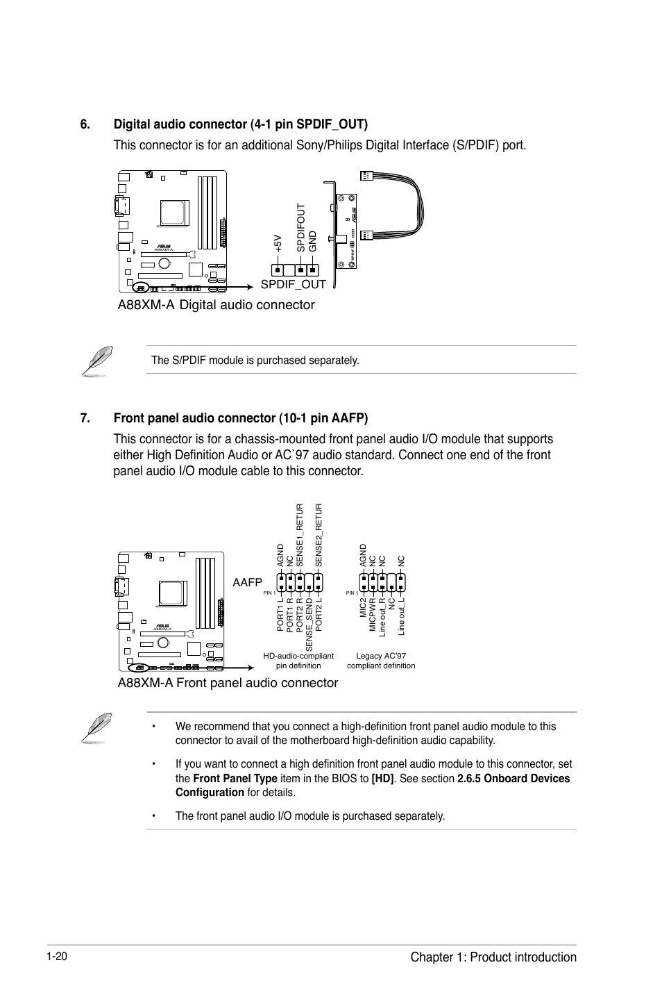 A88xm-a digital audio connector, A88xm-a front panel audio connector | Asus A88XM-A User Manual | Page 28 / 68