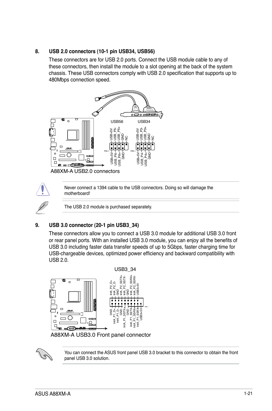 Asus a88xm-a, A88xm-a usb3.0 front panel connector, A88xm-a usb2.0 connectors | Usb3_34 | Asus A88XM-A User Manual | Page 29 / 68