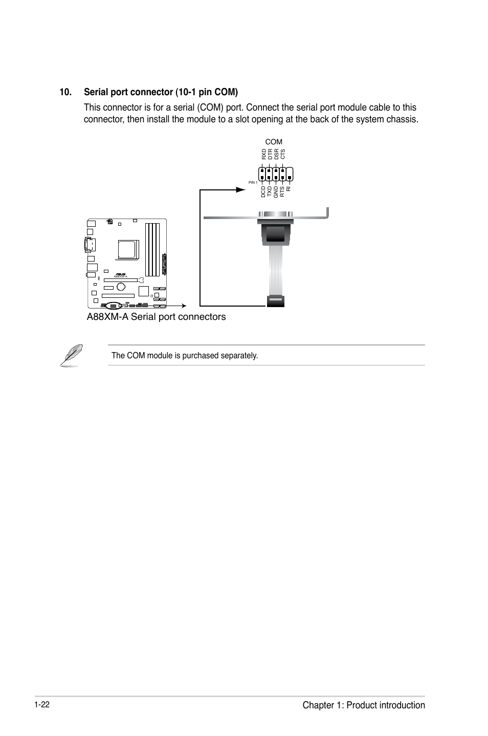 Chapter 1: product introduction, A88xm-a serial port connectors, The com module is purchased separately | Asus A88XM-A User Manual | Page 30 / 68