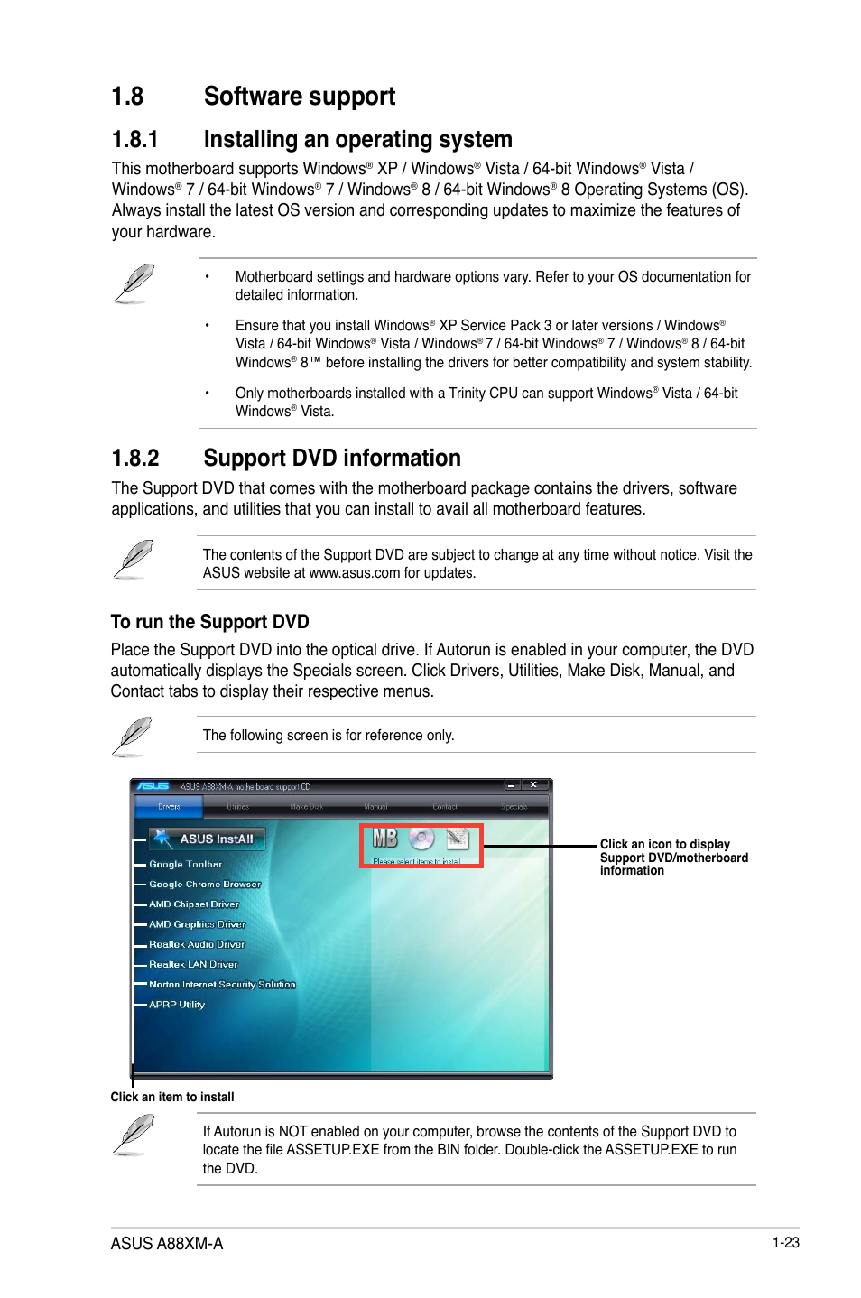 8 software support, Software support -23, 1 installing an operating system | 2 support dvd information | Asus A88XM-A User Manual | Page 31 / 68