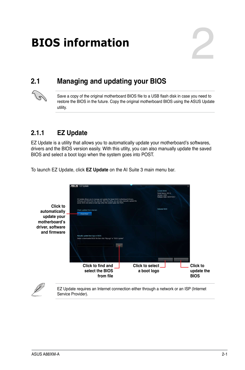 Bios information, 1 managing and updating your bios, Managing and updating your bios -1 | Asus A88XM-A User Manual | Page 33 / 68