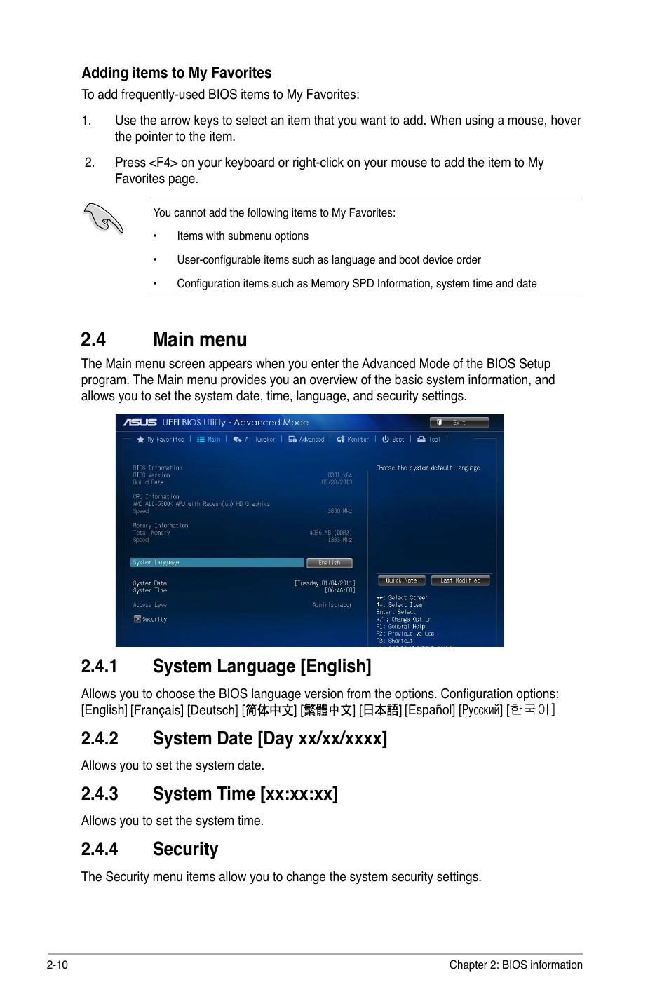 4 main menu, Main menu -10, 1 system language [english | 3 system time [xx:xx:xx, 4 security | Asus A88XM-A User Manual | Page 42 / 68