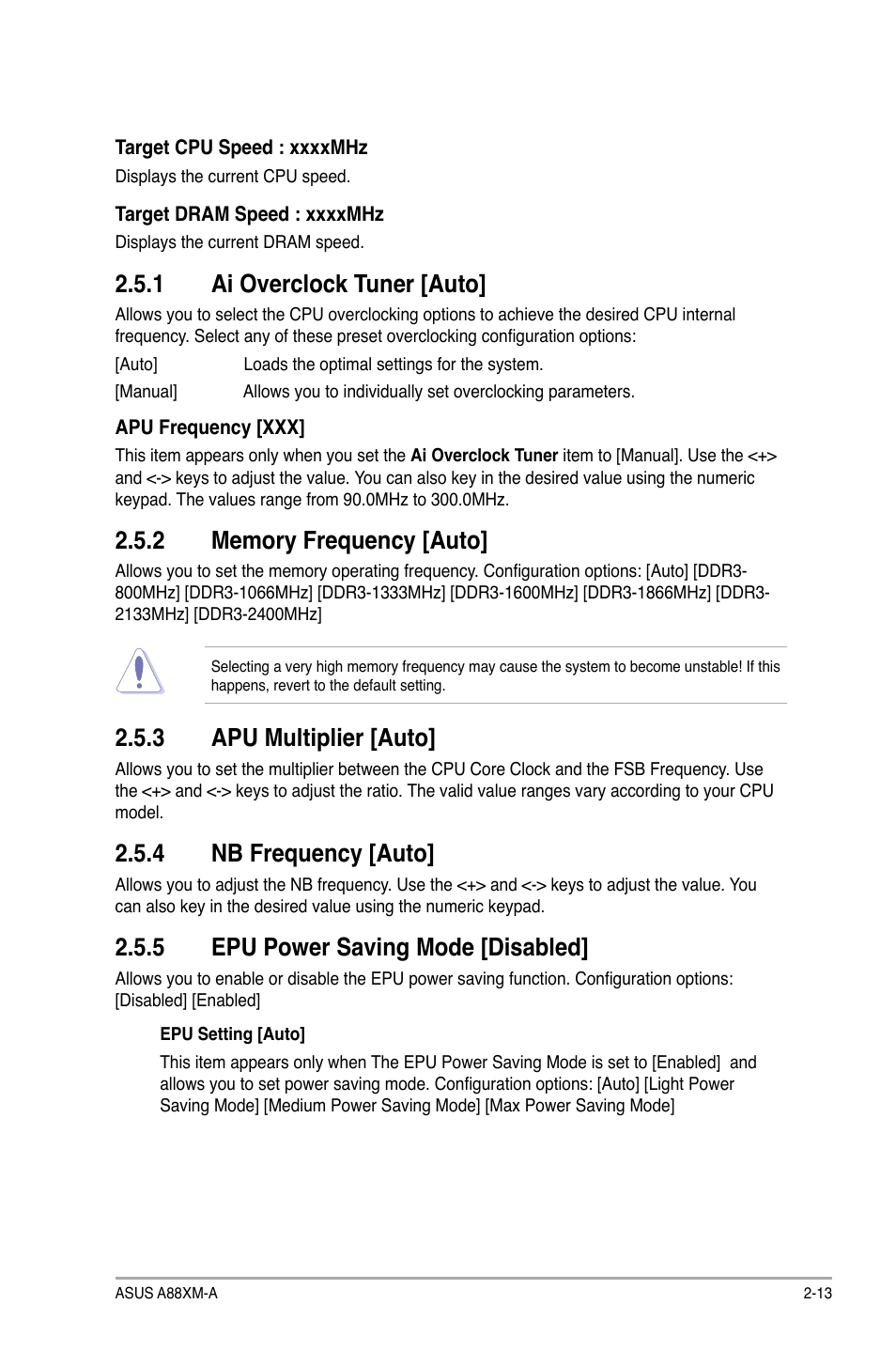 1 ai overclock tuner [auto, 3 apu multiplier [auto, 4 nb frequency [auto | 5 epu power saving mode [disabled | Asus A88XM-A User Manual | Page 45 / 68