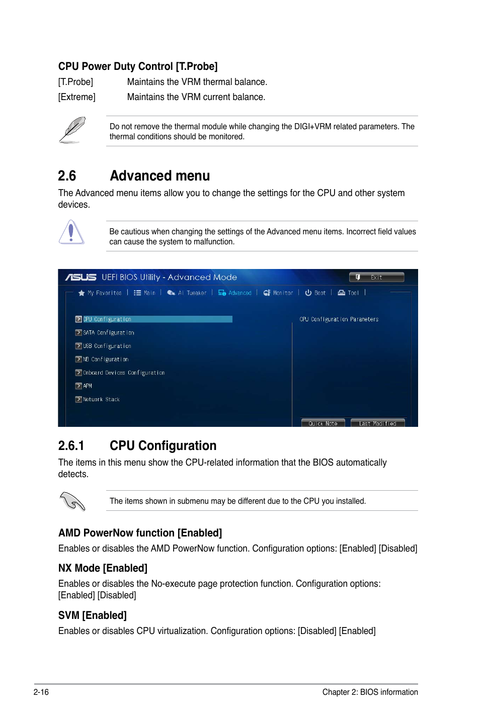 6 advanced menu, Advanced menu -16, 1 cpu configuration | Asus A88XM-A User Manual | Page 48 / 68