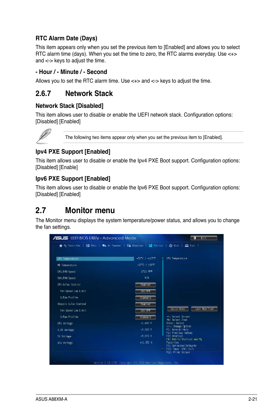 7 monitor menu, Monitor menu -21, 7 network stack | Asus A88XM-A User Manual | Page 53 / 68