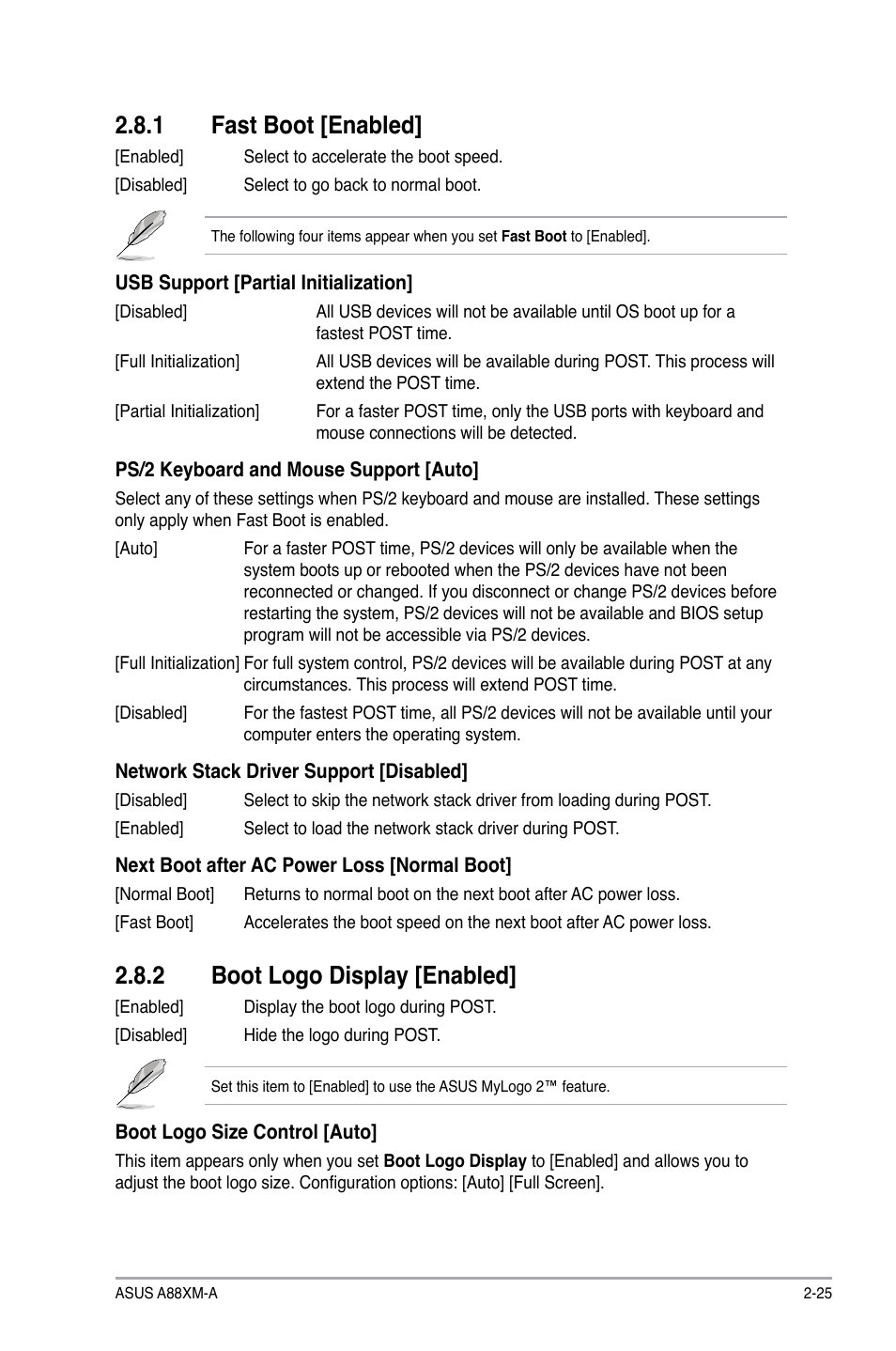 2 boot logo display [enabled, 1 fast boot [enabled | Asus A88XM-A User Manual | Page 57 / 68