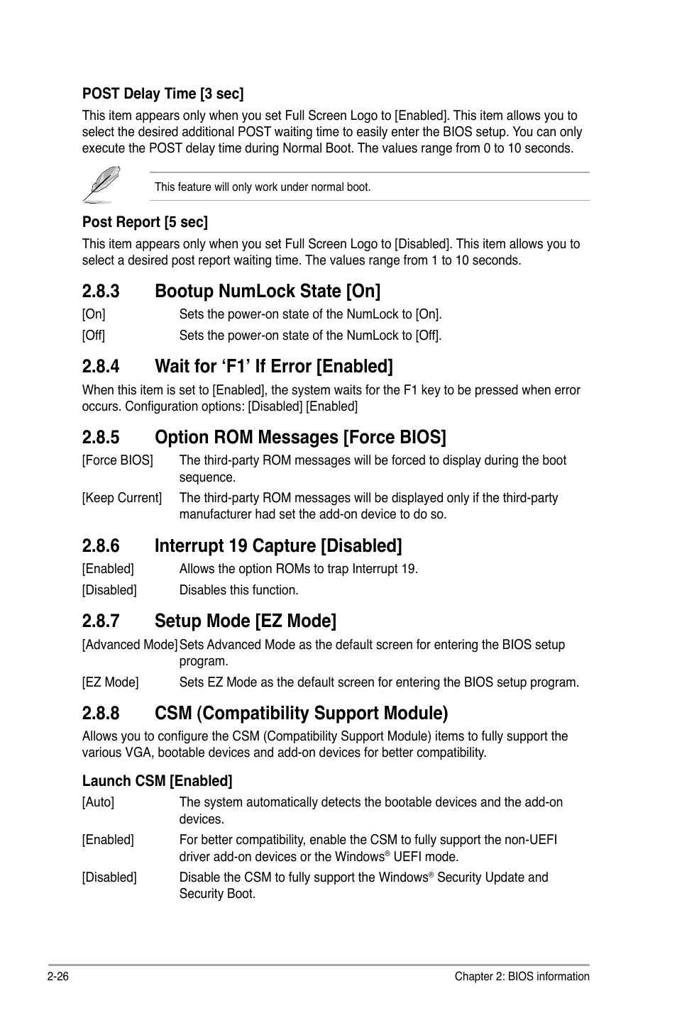 3 bootup numlock state [on, 4 wait for ‘f1’ if error [enabled, 5 option rom messages [force bios | 6 interrupt 19 capture [disabled, 7 setup mode [ez mode, 8 csm (compatibility support module) | Asus A88XM-A User Manual | Page 58 / 68