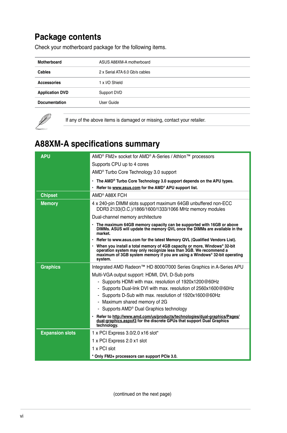 Package contents, A88xm-a specifications summary | Asus A88XM-A User Manual | Page 6 / 68