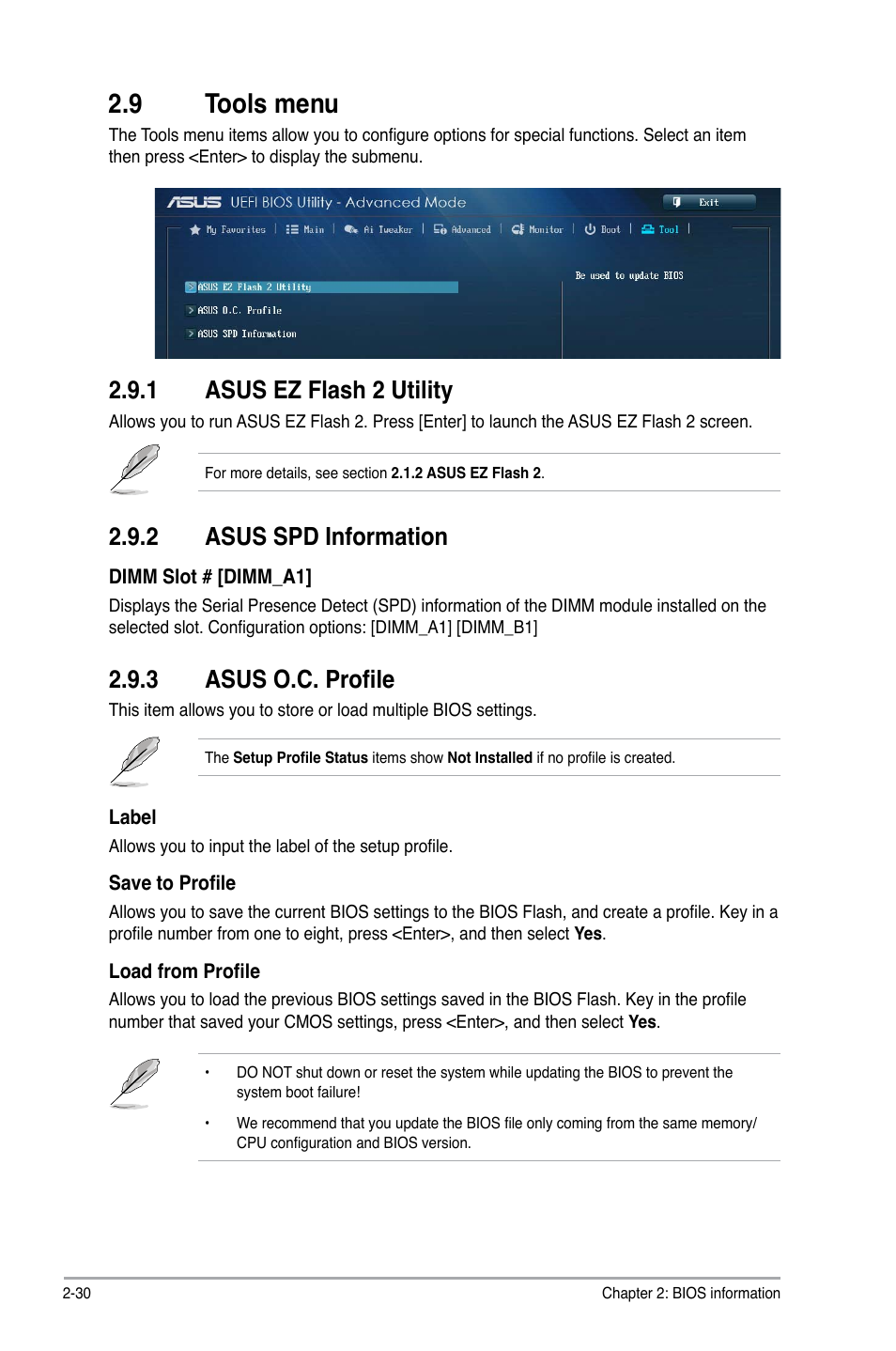 9 tools menu, Tools menu -30, 1 asus ez flash 2 utility | 3 asus o.c. profile, 2 asus spd information | Asus A88XM-A User Manual | Page 62 / 68