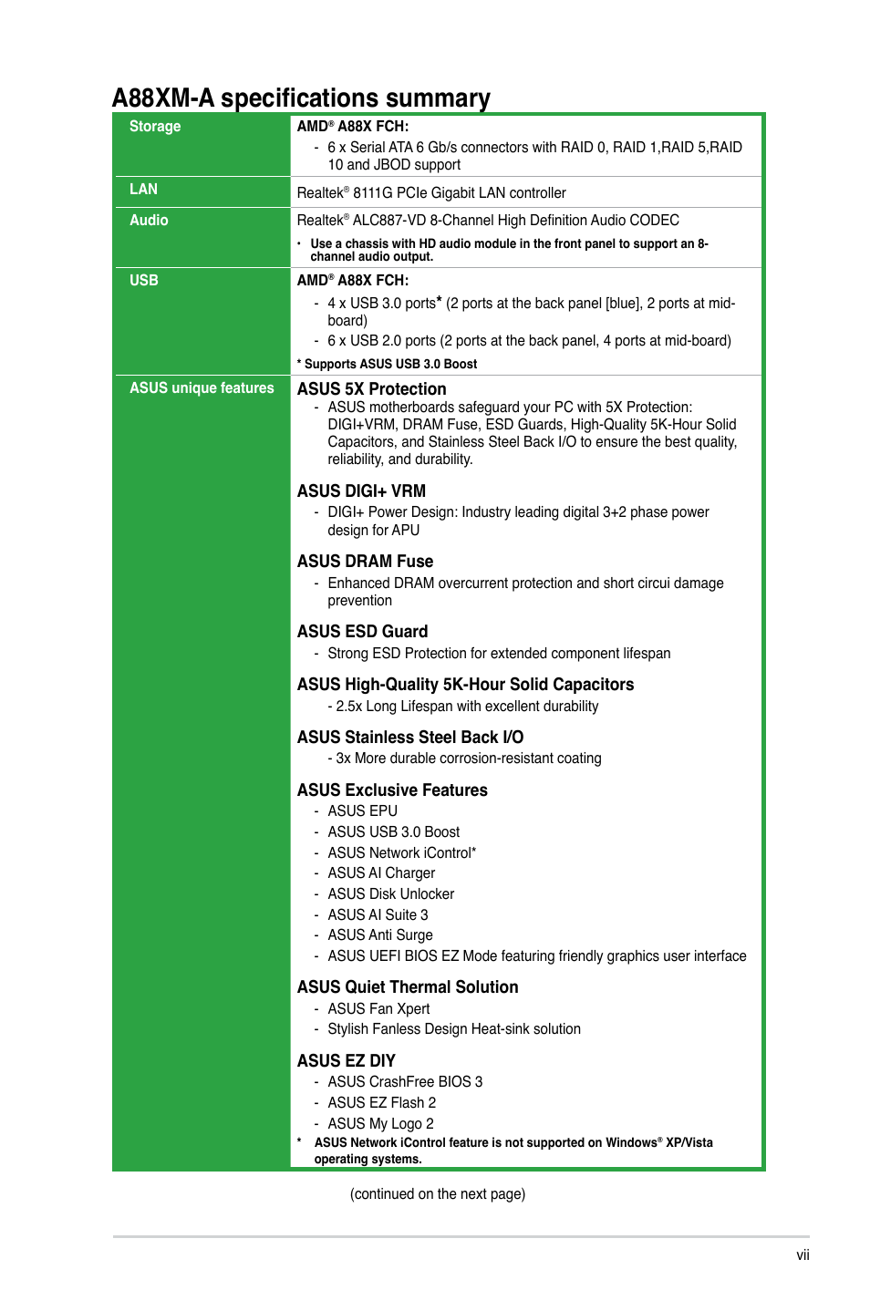 A88xm-a specifications summary | Asus A88XM-A User Manual | Page 7 / 68