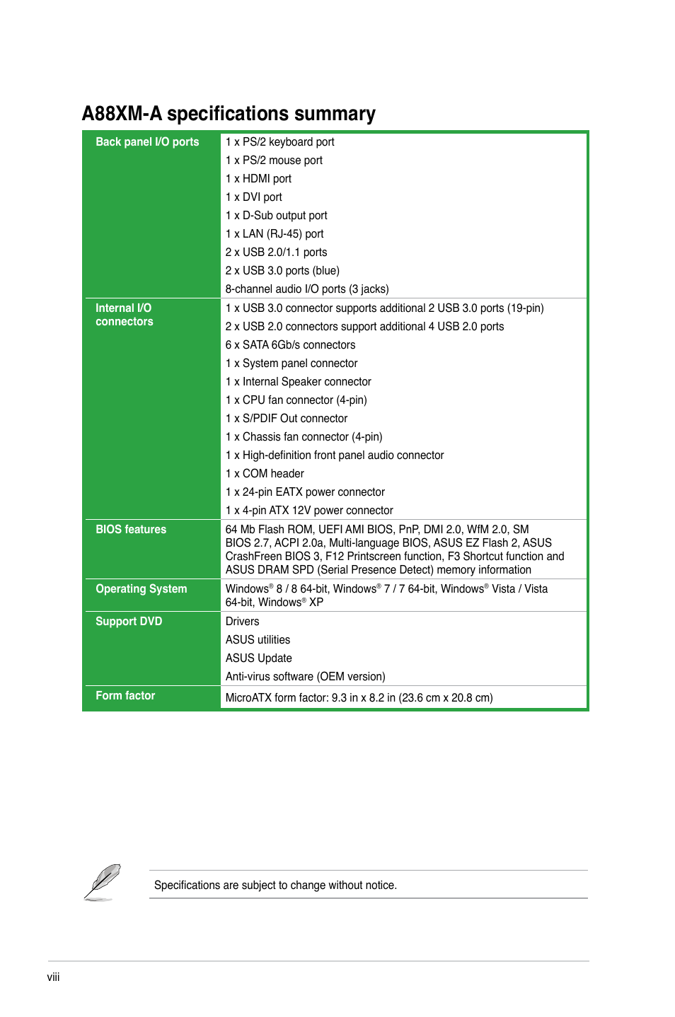 A88xm-a specifications summary | Asus A88XM-A User Manual | Page 8 / 68