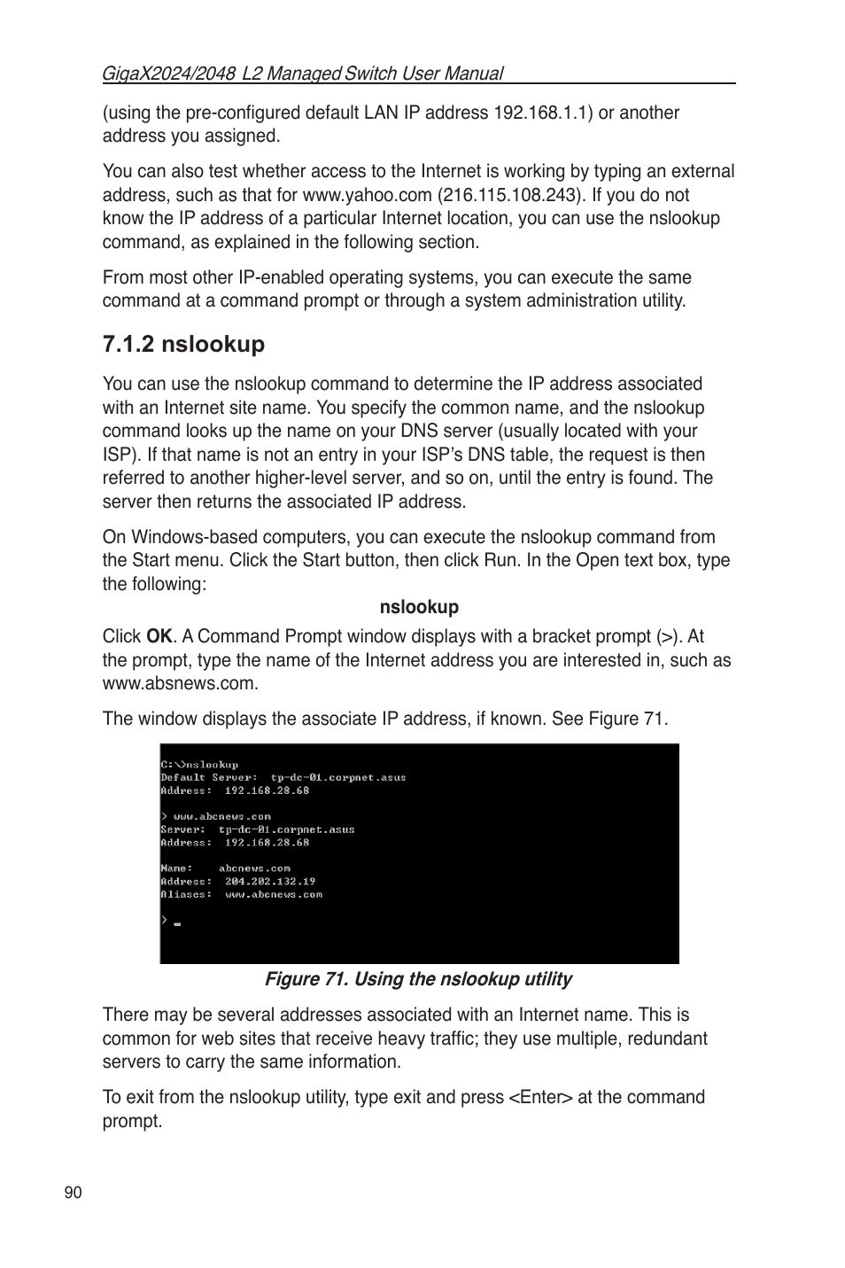 2 nslookup, Figure 71. using the nslookup utility | Asus GigaX2048 User Manual | Page 102 / 115