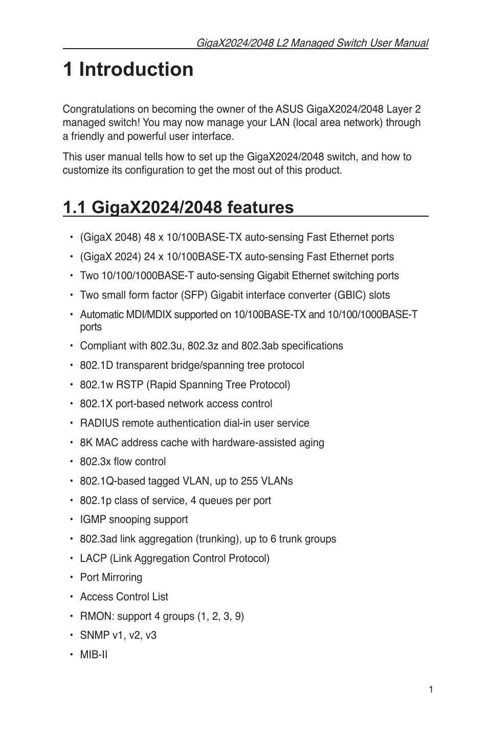 1 introduction, 1 gigax2024/2048 features | Asus GigaX2048 User Manual | Page 13 / 115