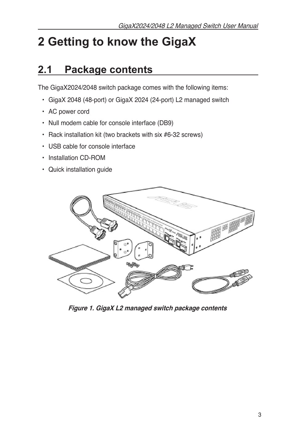 2 getting to know the gigax, 1 package contents, Figure 1. gigax l2 managed switch package contents | Asus GigaX2048 User Manual | Page 15 / 115