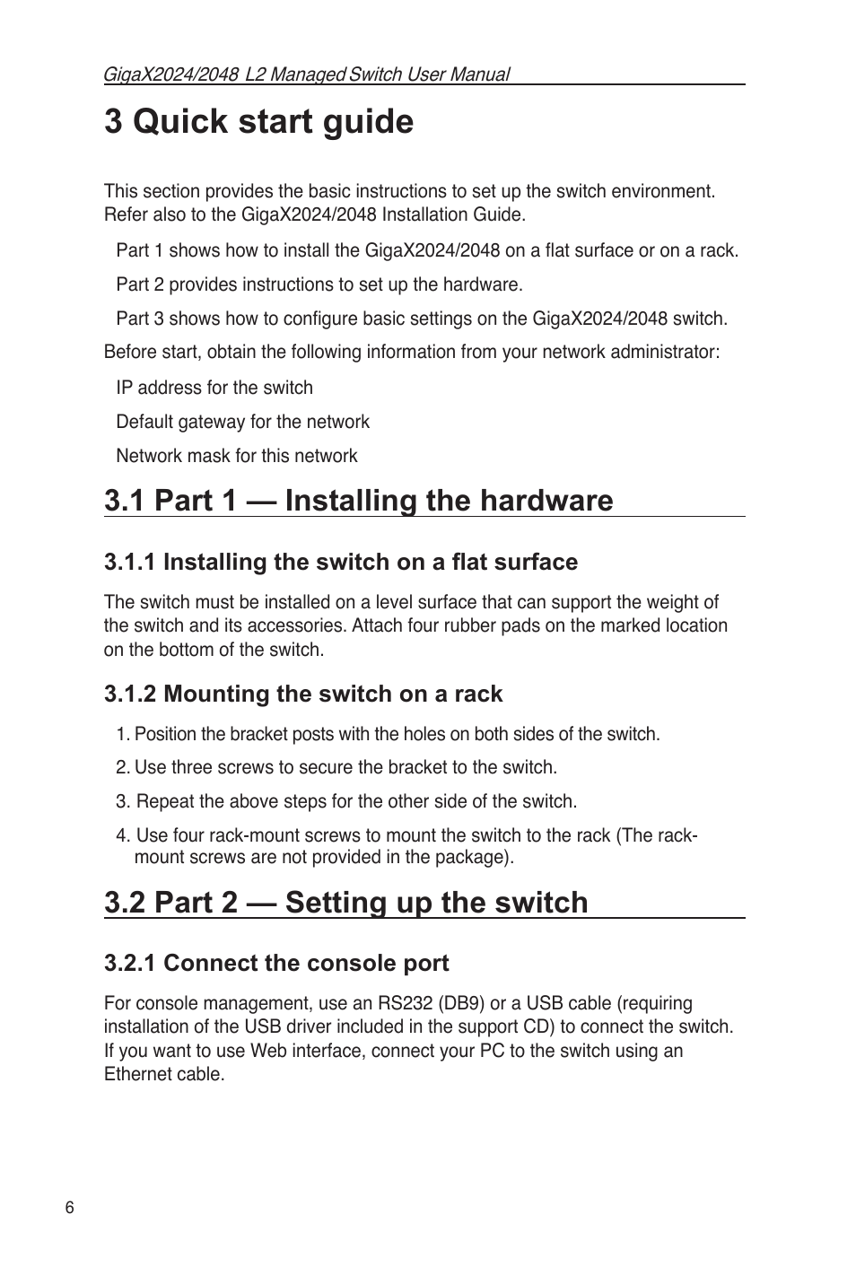 3 quick start guide, 1 part 1 — installing the hardware, 2 part 2 — setting up the switch | 1 connect the console port | Asus GigaX2048 User Manual | Page 18 / 115