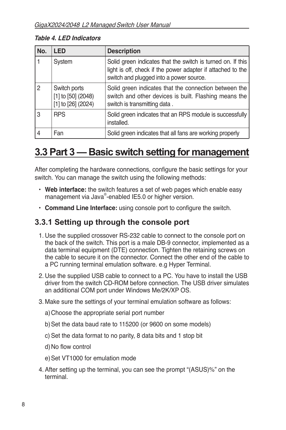 3 part 3 — basic switch setting for management, 1 setting up through the console port, Table 4. led indicators | Asus GigaX2048 User Manual | Page 20 / 115