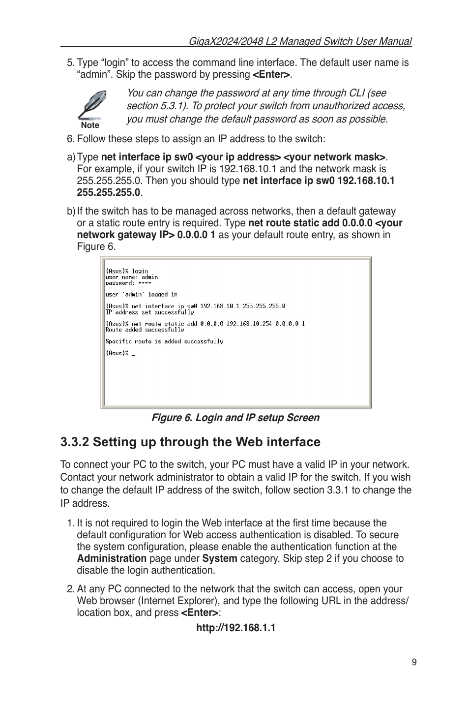 2 setting up through the web interface, Figure 6. login and ip setup screen | Asus GigaX2048 User Manual | Page 21 / 115