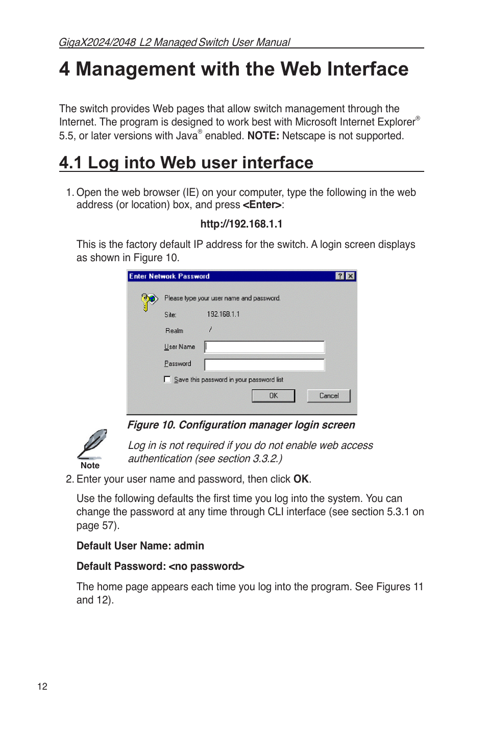 4 management with the web interface, 1 log into web user interface, Figure 10. conﬁguration manager login screen | Asus GigaX2048 User Manual | Page 24 / 115