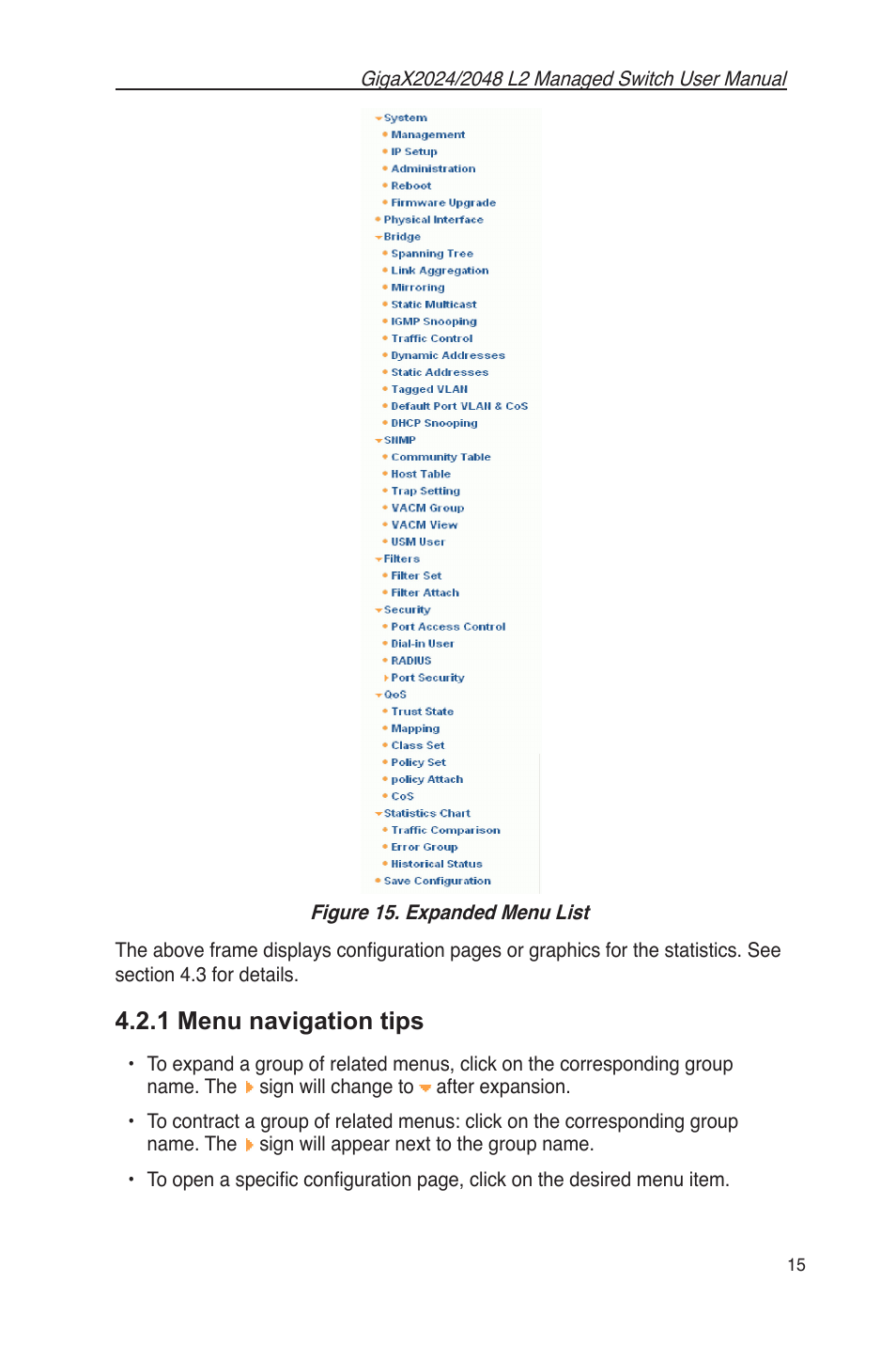 1 menu navigation tips, Figure 15. expanded menu list | Asus GigaX2048 User Manual | Page 27 / 115