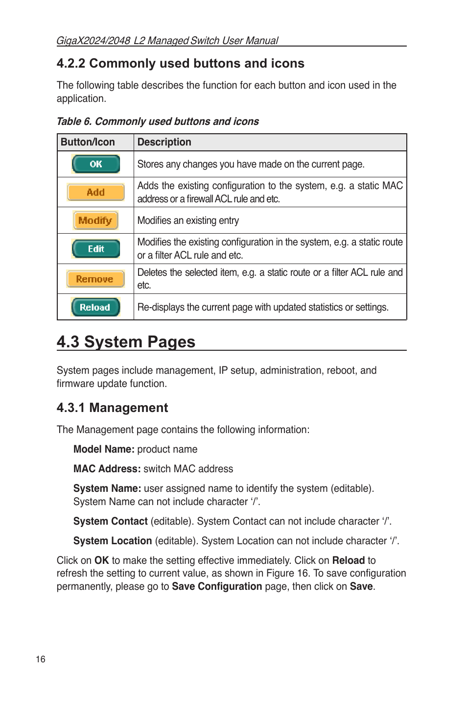 2 commonly used buttons and icons, 1 management, Table 6. commonly used buttons and icons | 3 system pages | Asus GigaX2048 User Manual | Page 28 / 115