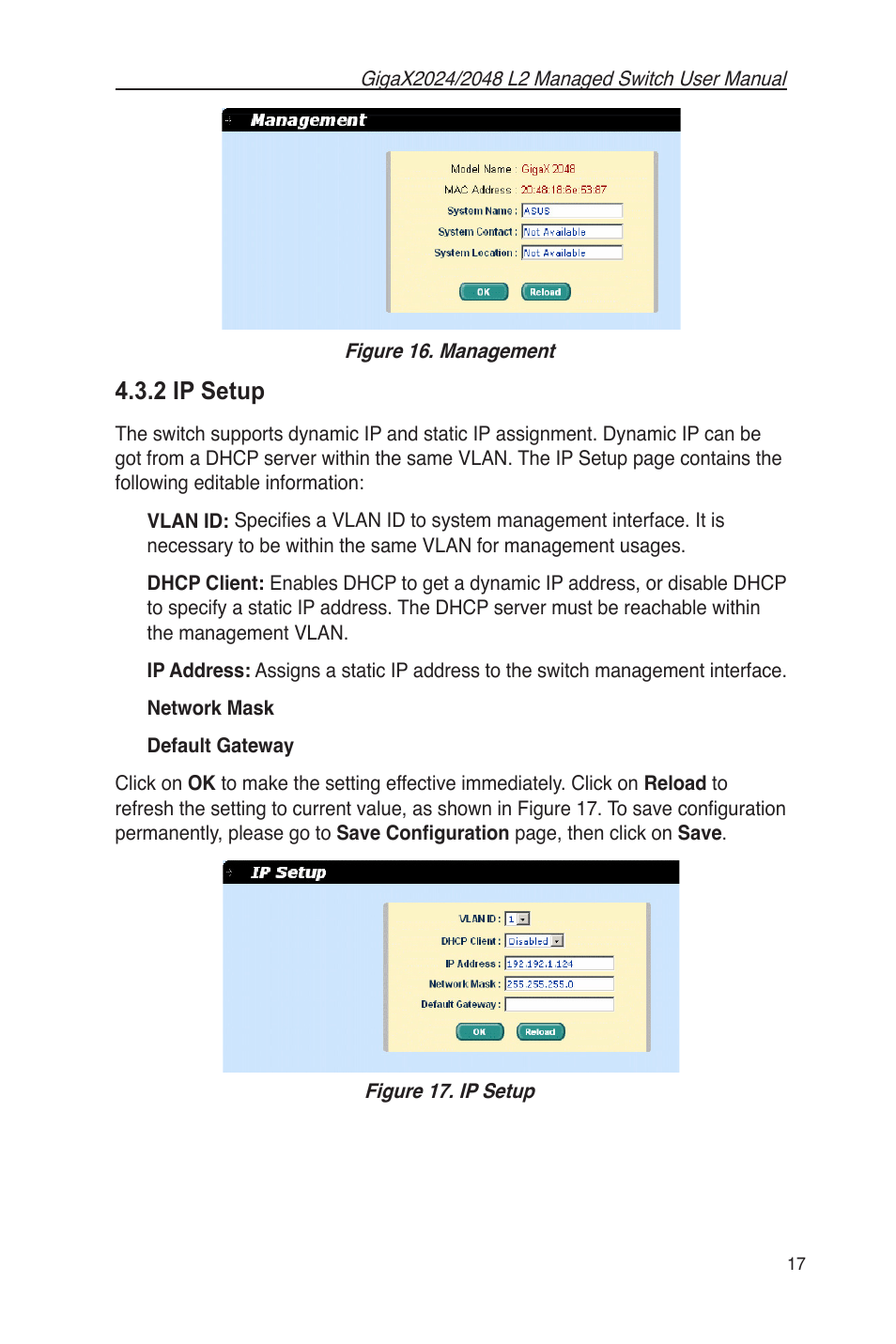 Figure 16. management figure 17. ip setup, 2 ip setup | Asus GigaX2048 User Manual | Page 29 / 115