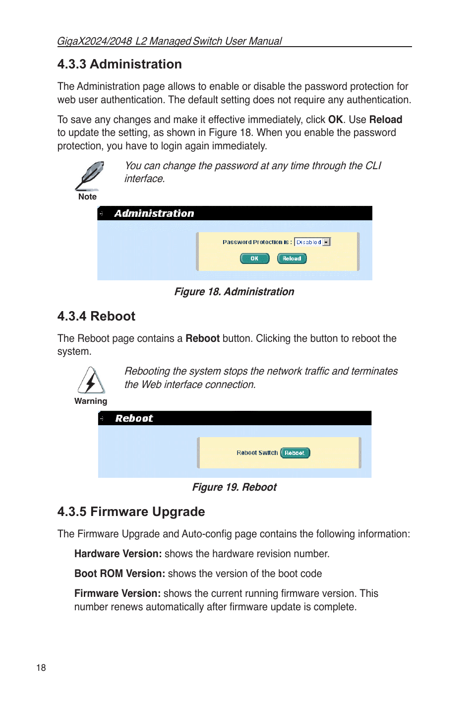 Figure 18. administration figure 19. reboot, 3 administration, 4 reboot | 5 firmware upgrade | Asus GigaX2048 User Manual | Page 30 / 115