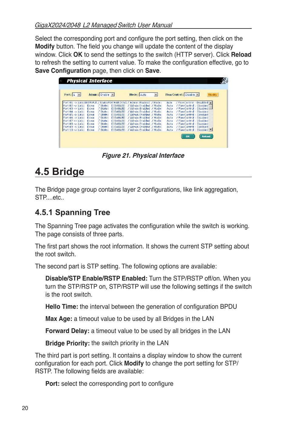 5 bridge, 1 spanning tree, Figure 21. physical interface | Asus GigaX2048 User Manual | Page 32 / 115