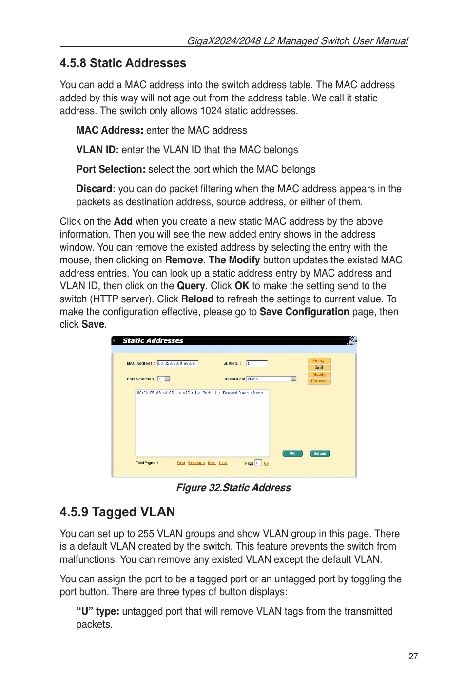 9 tagged vlan, Figure 32.static address, 8 static addresses | Asus GigaX2048 User Manual | Page 39 / 115