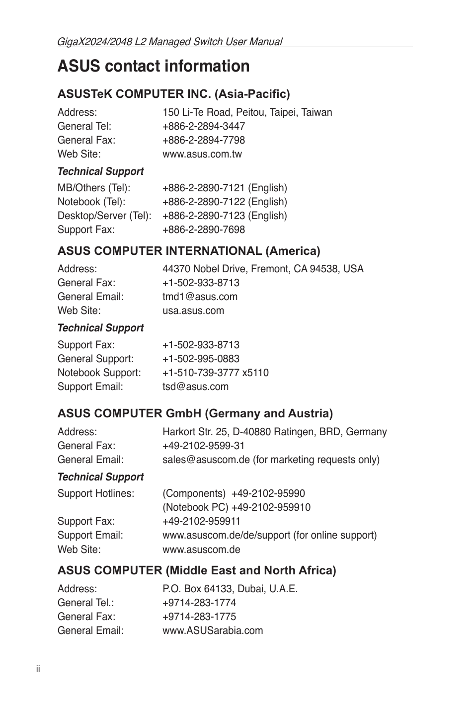 Asus contact information | Asus GigaX2048 User Manual | Page 4 / 115