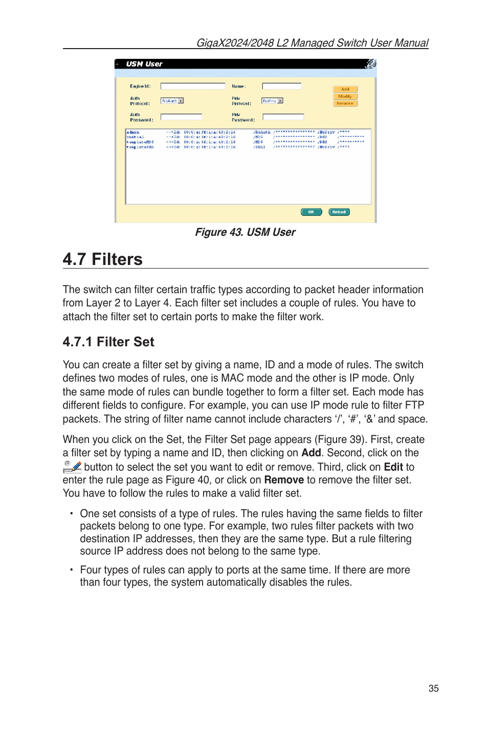 7 filters, 1 filter set, Figure 43. usm user | Asus GigaX2048 User Manual | Page 47 / 115