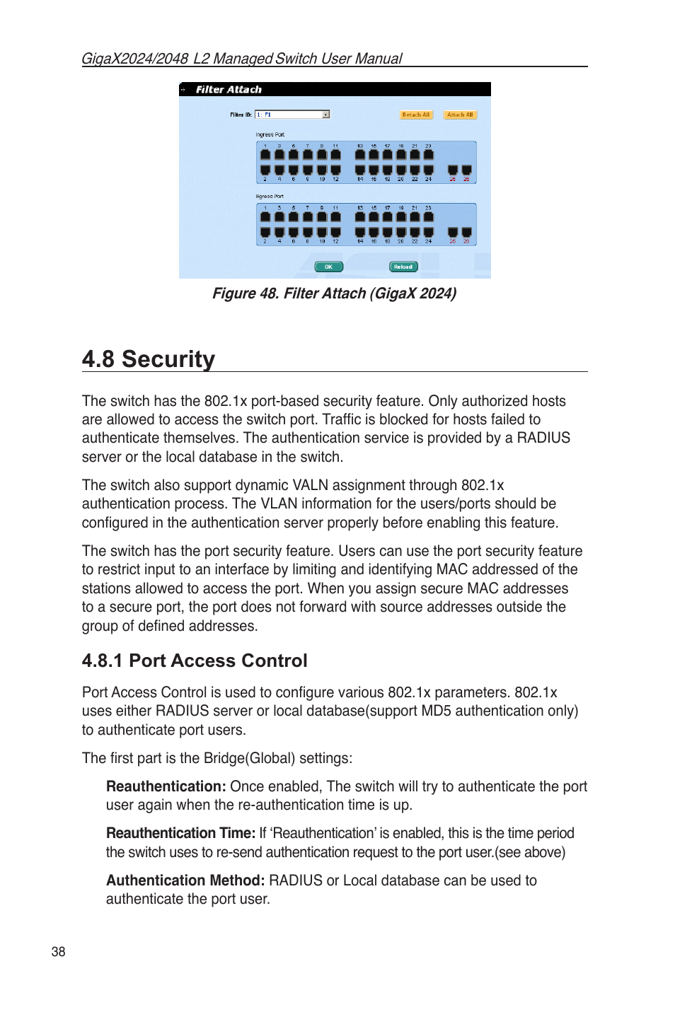 8 security, 1 port access control, Figure 48. filter attach (gigax 2024) | Asus GigaX2048 User Manual | Page 50 / 115