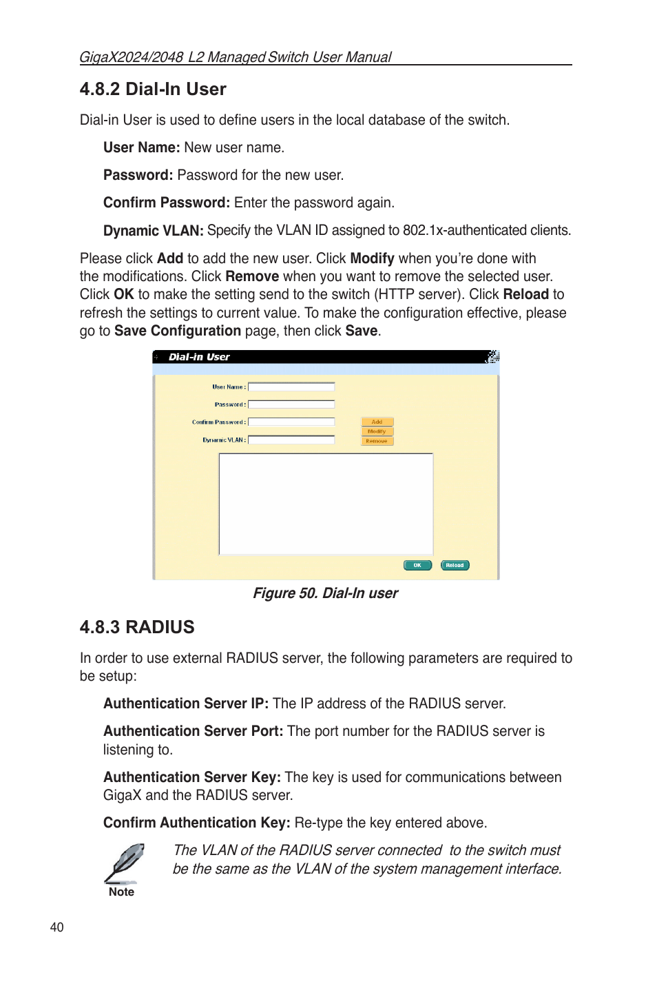 2 dial-in user 4.8.3 radius, Figure 50. dial-in user, 2 dial-in user | 3 radius | Asus GigaX2048 User Manual | Page 52 / 115