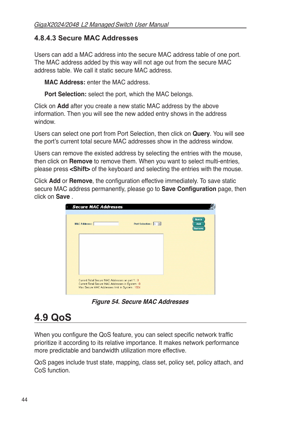 3 secure mac addresses, 9 qos, Figure 54. secure mac addresses | Asus GigaX2048 User Manual | Page 56 / 115