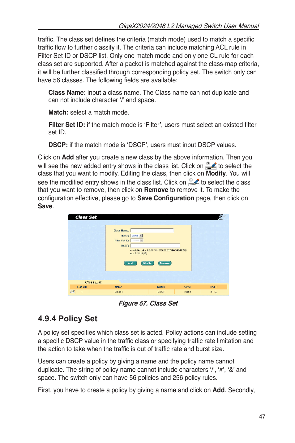 4 policy set, Figure 57. class set | Asus GigaX2048 User Manual | Page 59 / 115