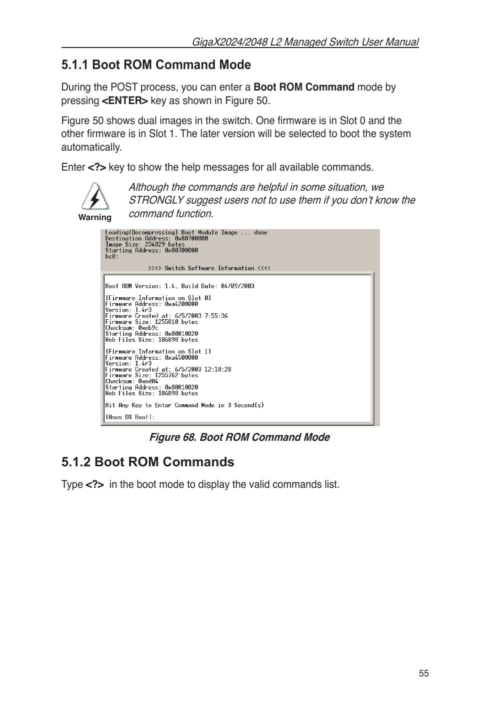 2 boot rom commands, Figure 68. boot rom command mode, 1 boot rom command mode | Asus GigaX2048 User Manual | Page 67 / 115