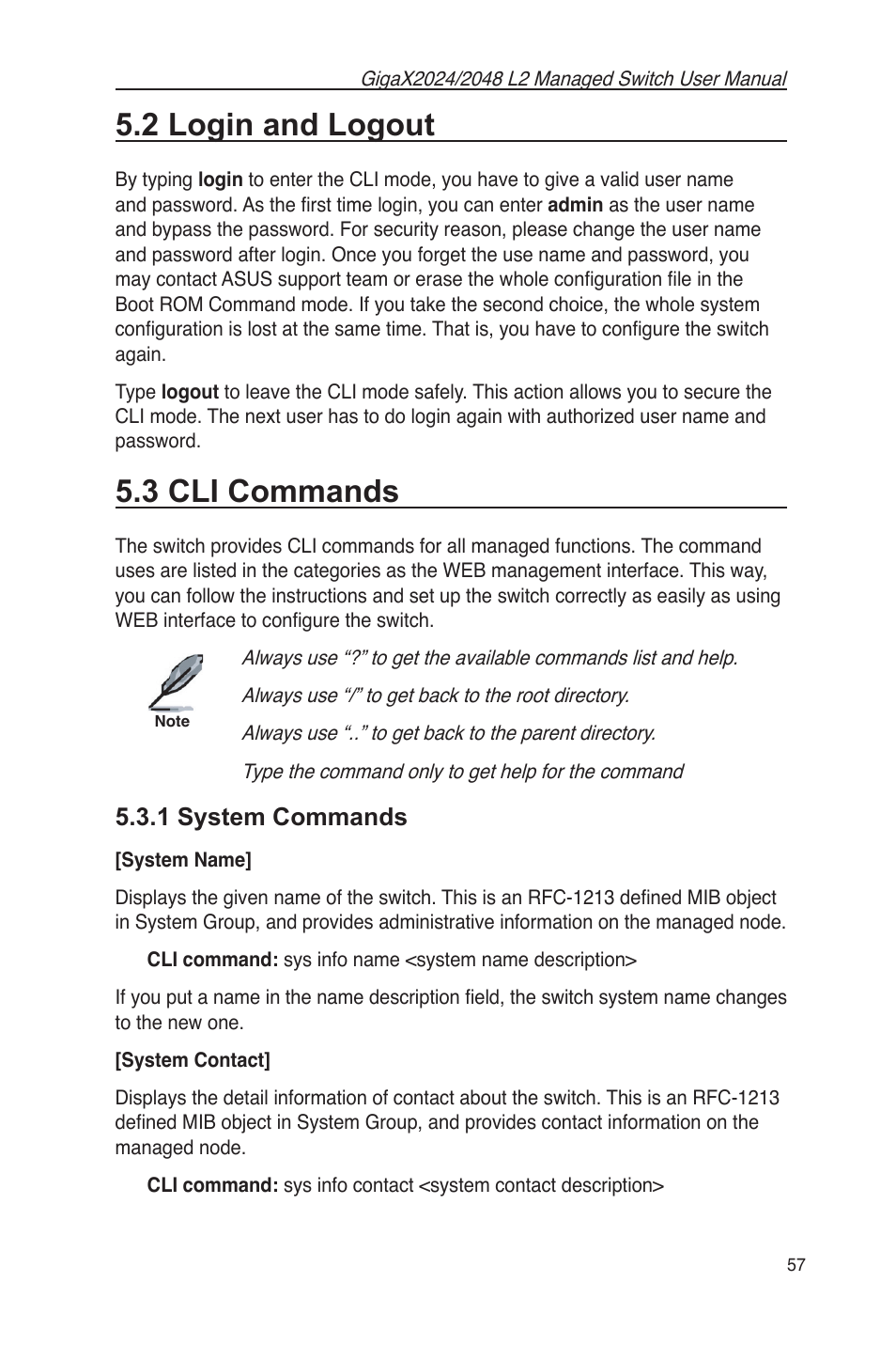 2 login and logout 5.3 cli commands, 1 system commands, 2 login and logout | 3 cli commands | Asus GigaX2048 User Manual | Page 69 / 115