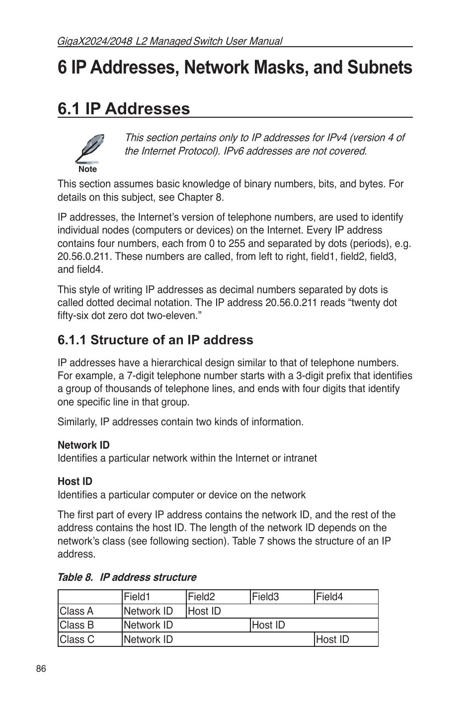 6 ip addresses, network masks, and subnets, 1 ip addresses, 1 structure of an ip address | Table 8. ip address structure | Asus GigaX2048 User Manual | Page 98 / 115