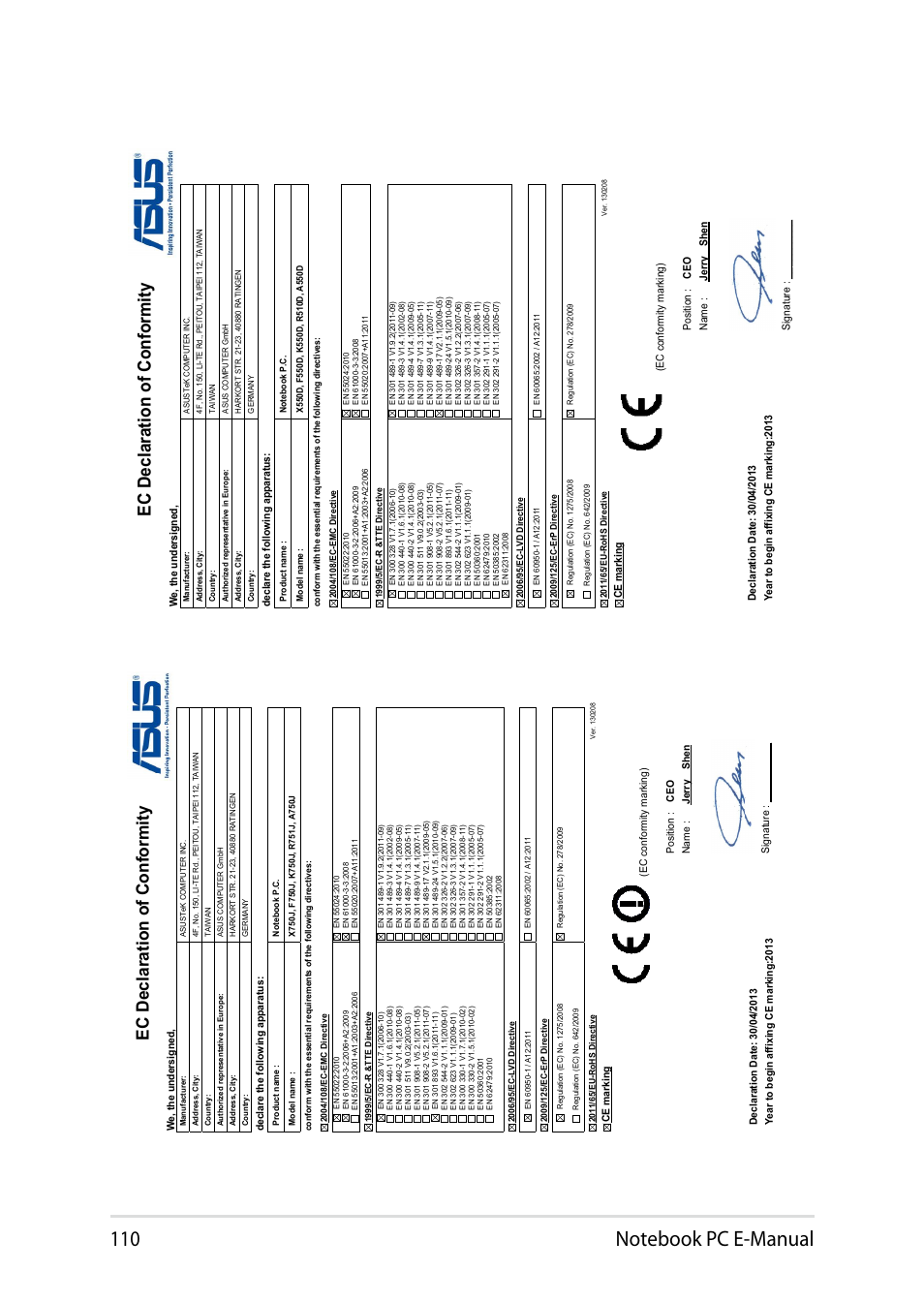 Ec declaration of conformity | Asus X750JB User Manual | Page 110 / 110