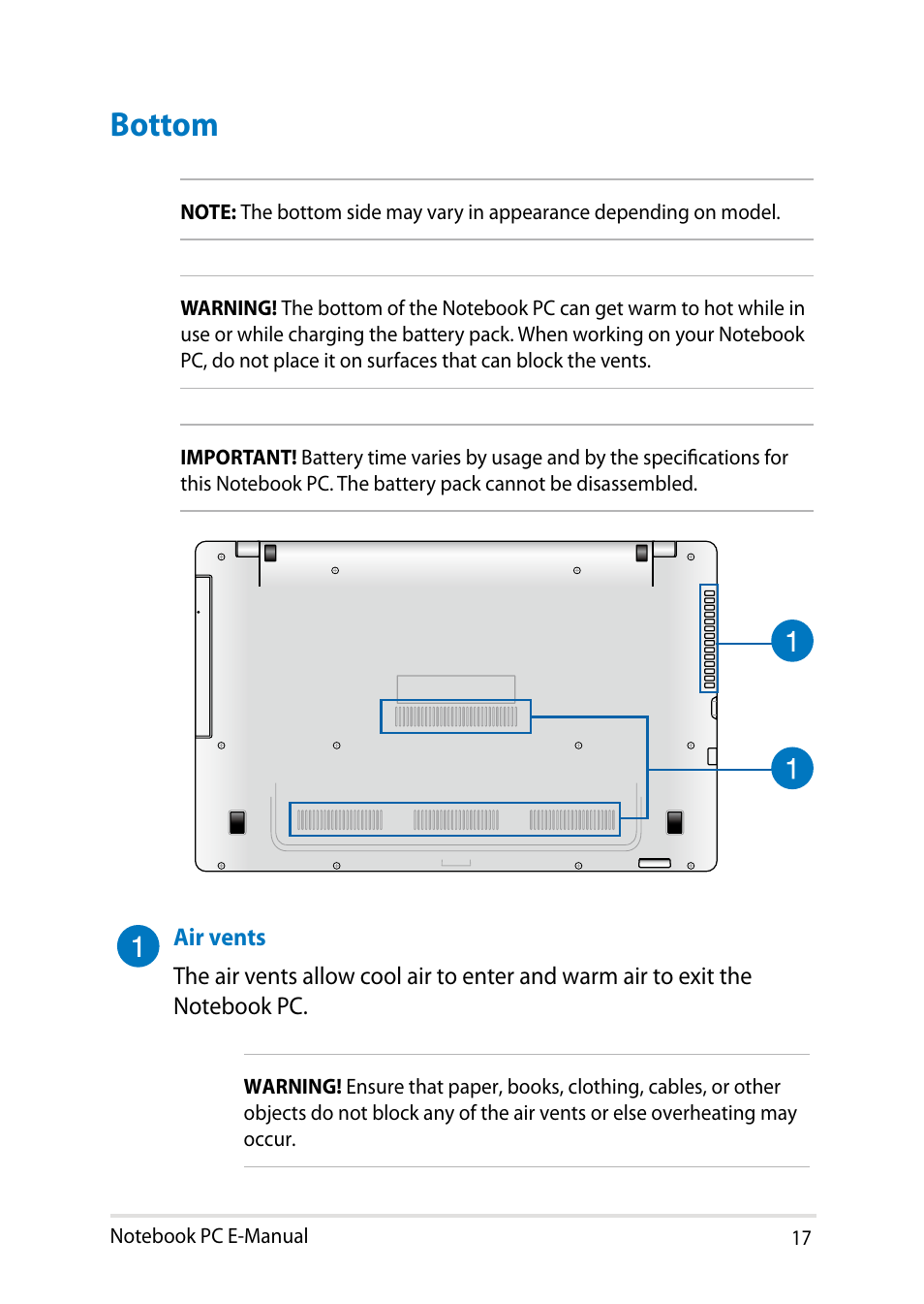 Bottom | Asus X750JB User Manual | Page 17 / 110