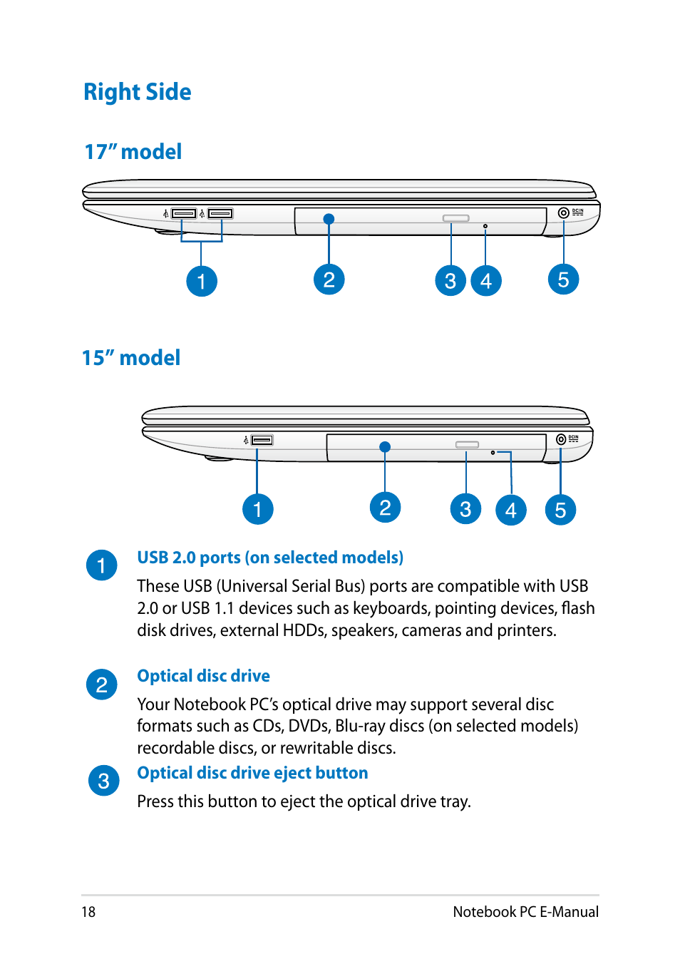 Right side, 17” model 15” model | Asus X750JB User Manual | Page 18 / 110