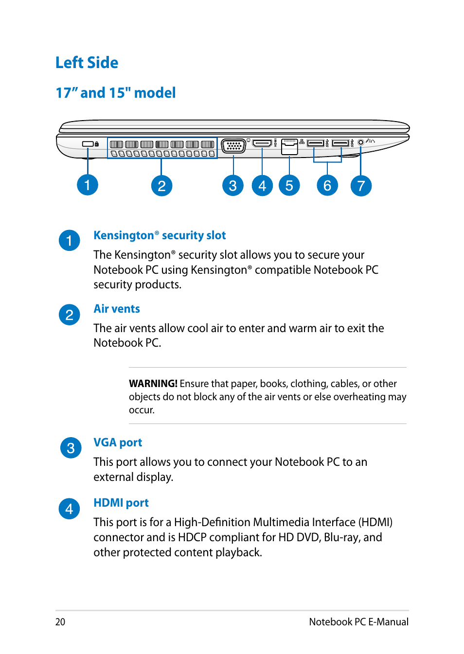 Left side, 17” and 15" model | Asus X750JB User Manual | Page 20 / 110